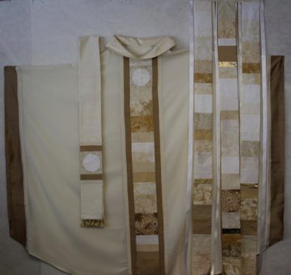 White Celebrate! banner with coordinating chasuble